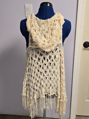 Free People Crochet Knit Hooded Fringe Vest, O/S, EUC